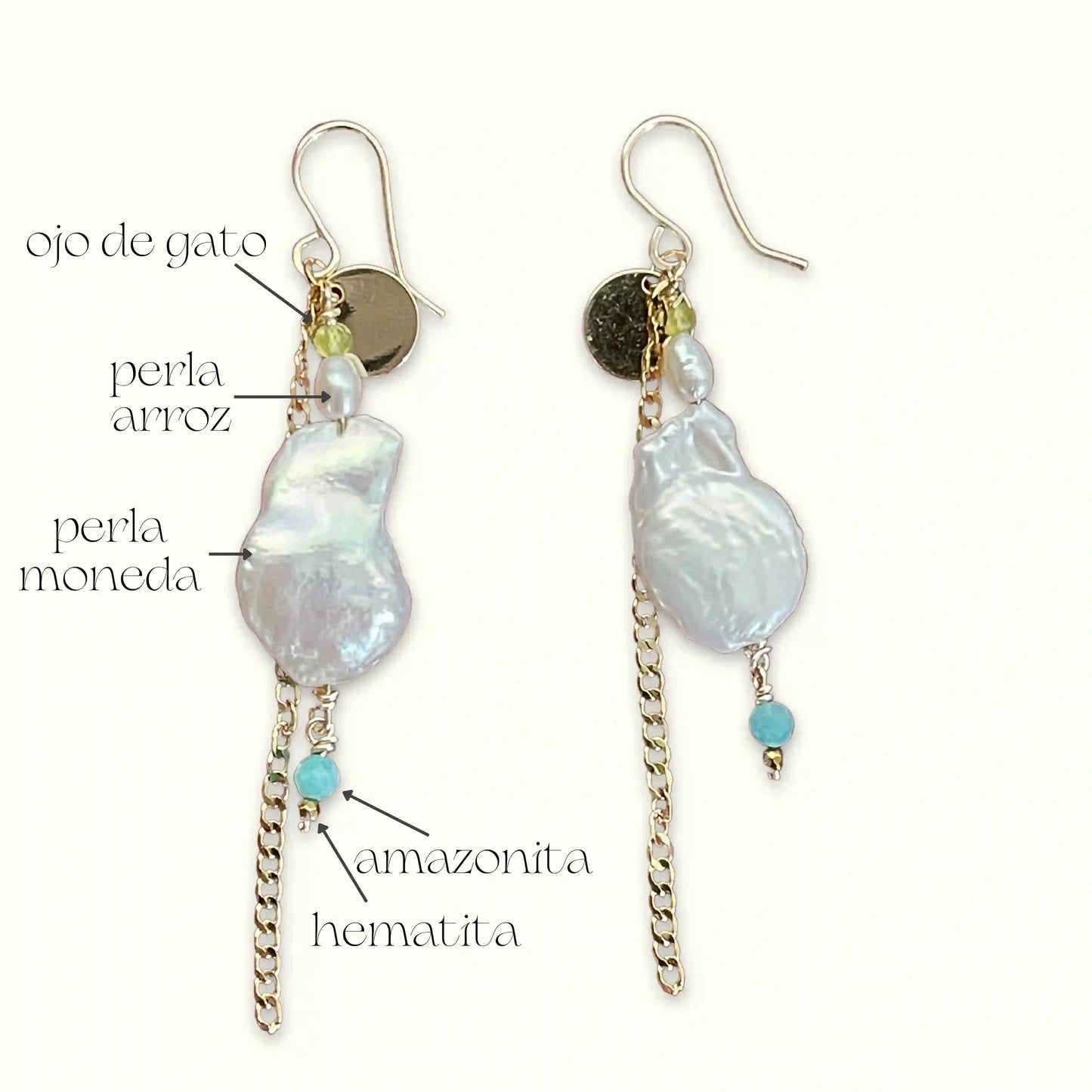 Aretes Selene con hematita natural y chapa de oro 18k — URi Atelier