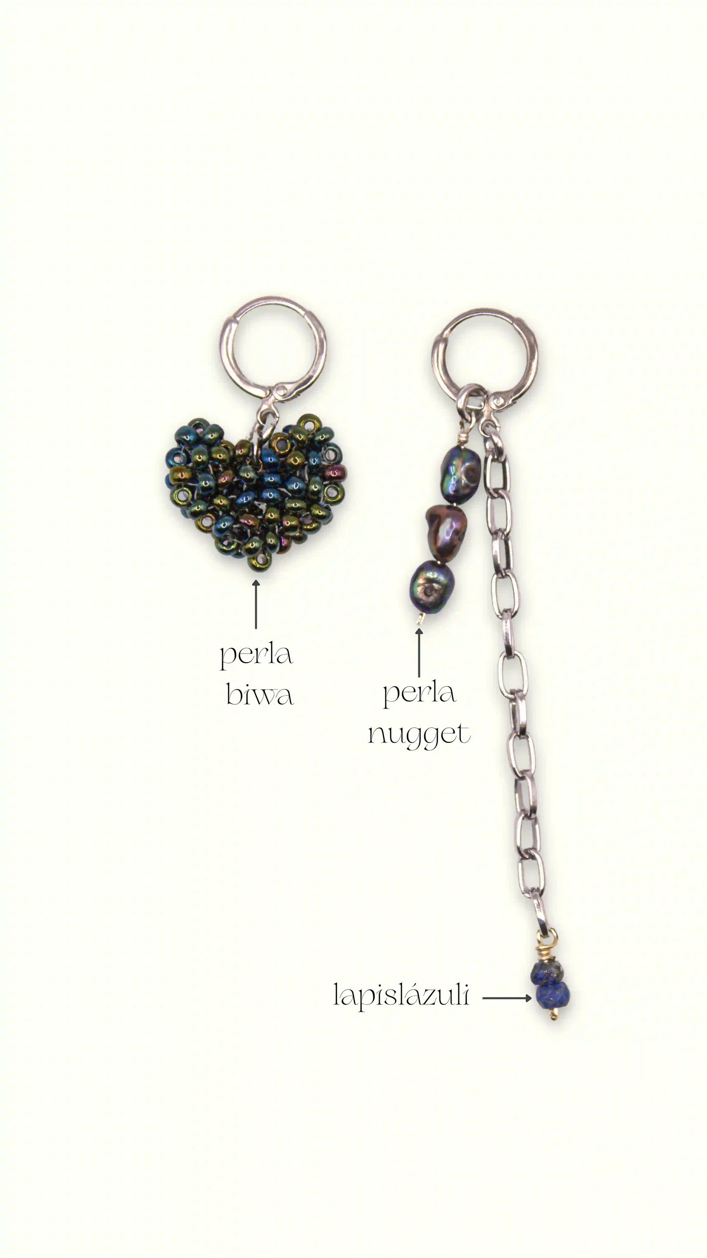 aretes inara II con perla biwa, nugget, lapislázuli