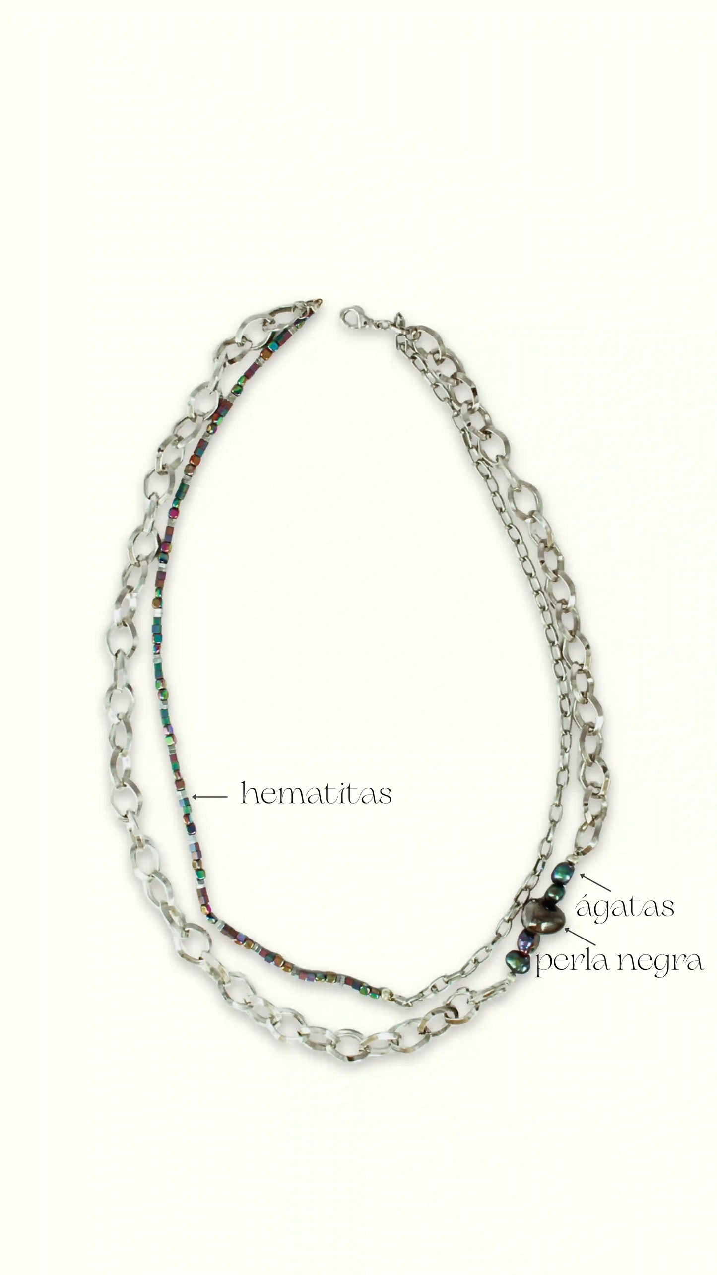 Collar con hematitas, ágatas, perla negra