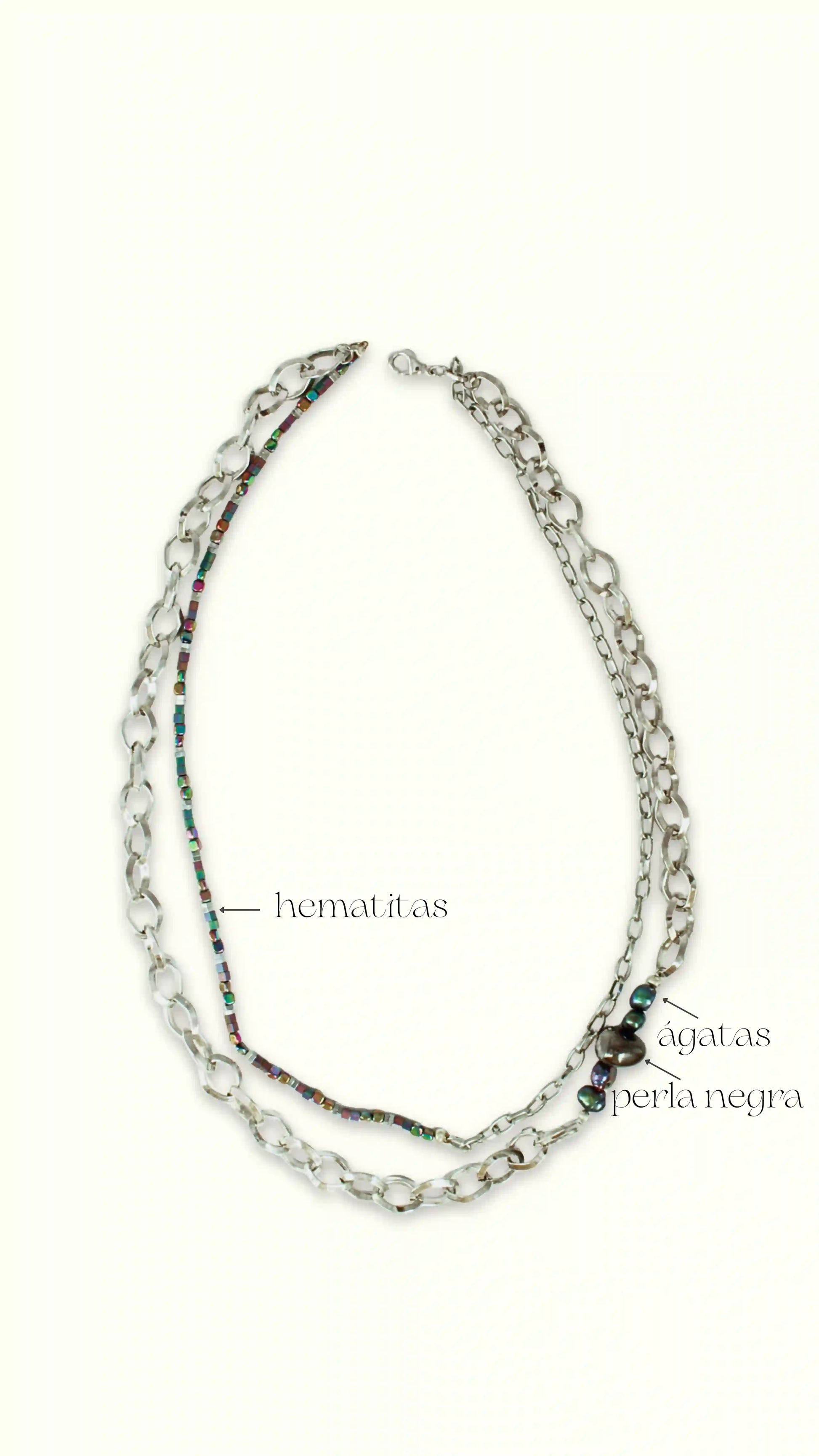 Collar con hematitas, ágatas, perla negra