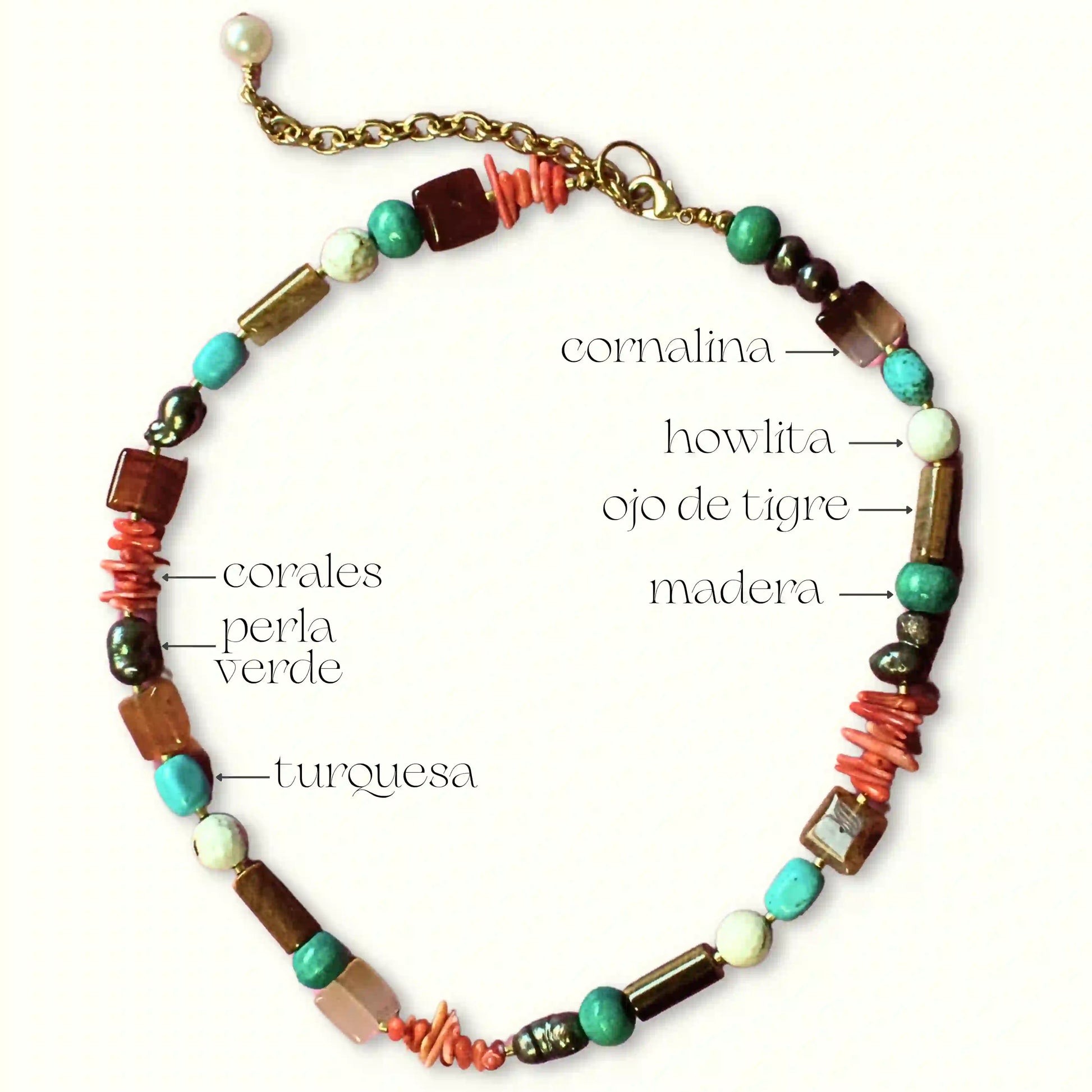 Collar Mayari con corales, ojo de tigre, perla verde, turquesa y madera