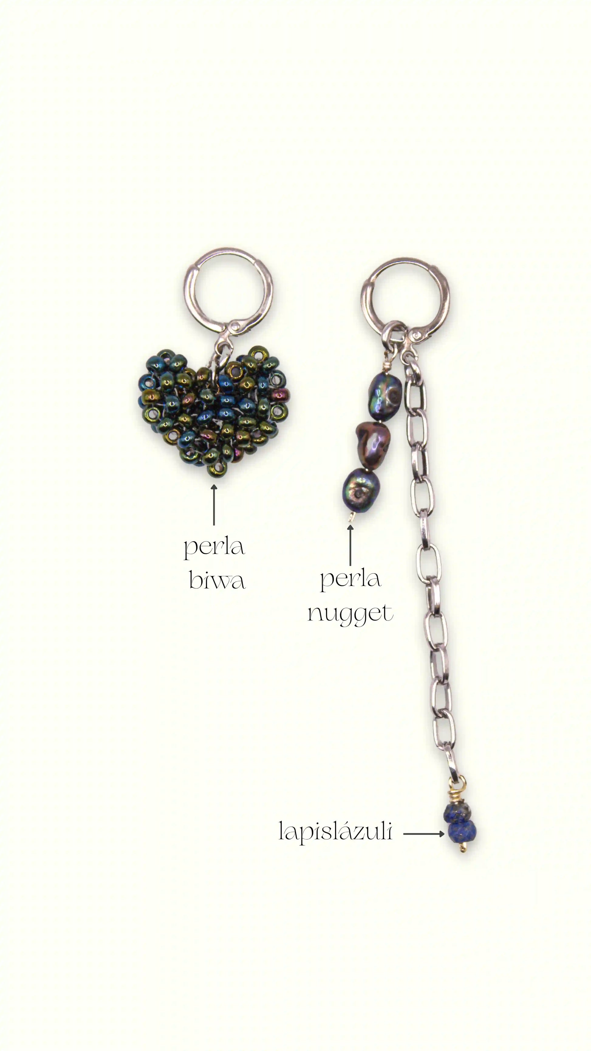 aretes inara II con perla biwa, nugget, lapislázuli